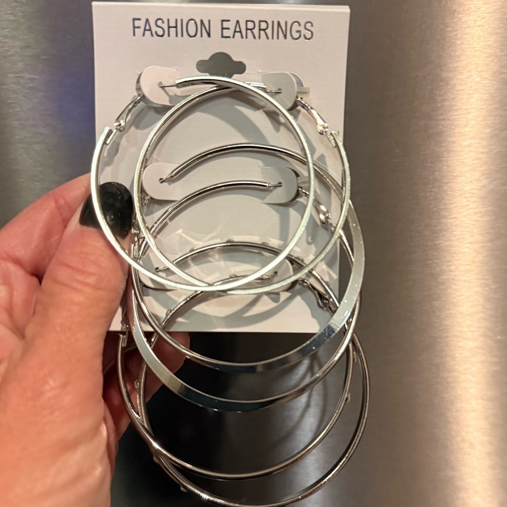 3 Pair Sparkle Sparkly Silver Large Hoop Earrings- Silver Glitter